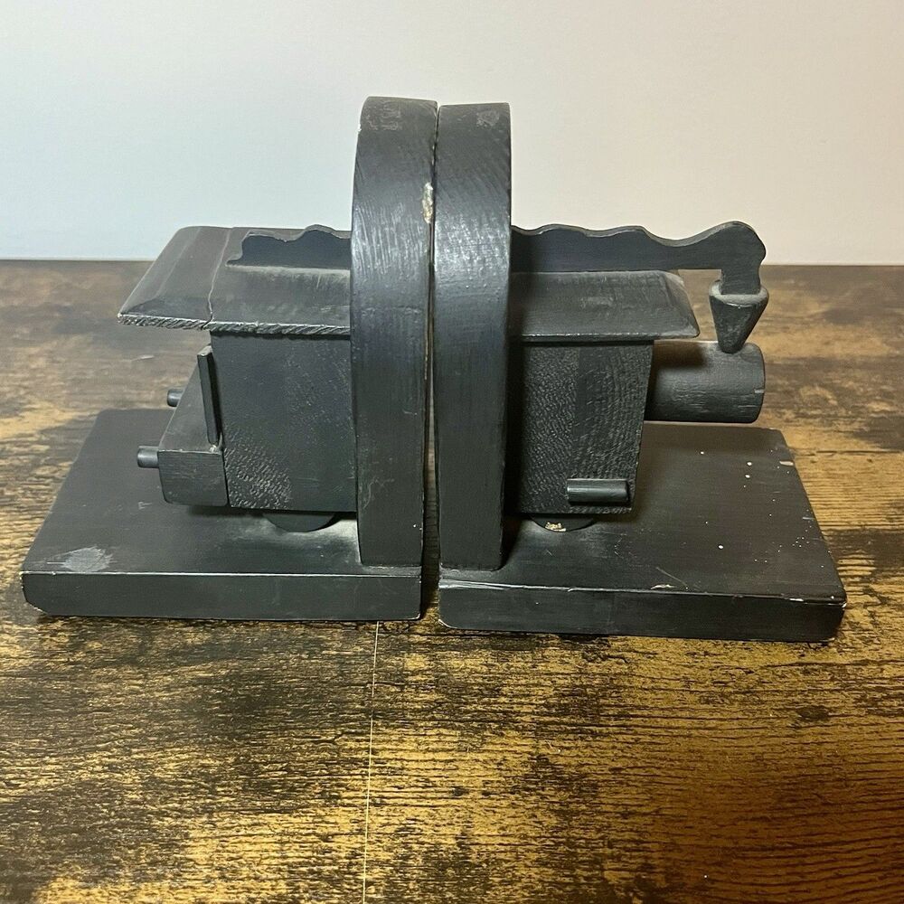 Vintage Black Wooden Train Bookends Set Locomotive Caboose Handcrafted
